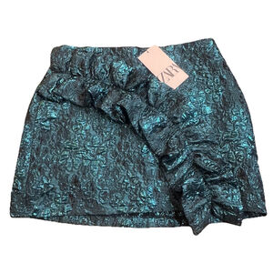 NWT Zara Teal Metallic Ruffle Mini Skirt Size:XS Crinkle Jacquard Texture